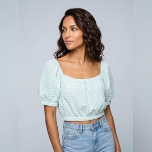 Elodie Mint Green Gingham cropped puff sleeve Blouse NWT size XL